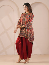 Maroon scalloped hem printed with harem indowestern suit