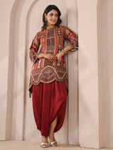 Maroon scalloped hem printed with harem indowestern suit