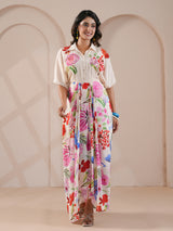 White hand embellished printed drape indowestern suit