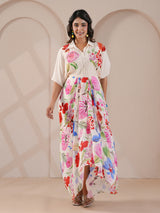 White hand embellished printed drape indowestern suit