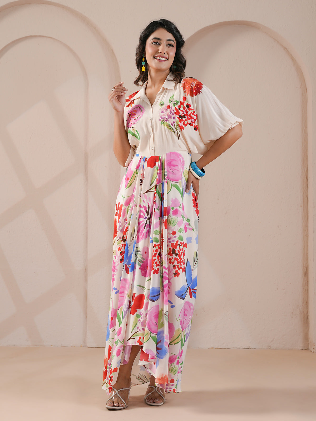 White hand embellished printed drape indowestern suit