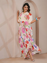 White hand embellished printed drape indowestern suit