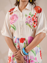 White hand embellished printed drape indowestern suit