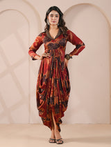 Maroon embellished printed cowl dress indowestern suit