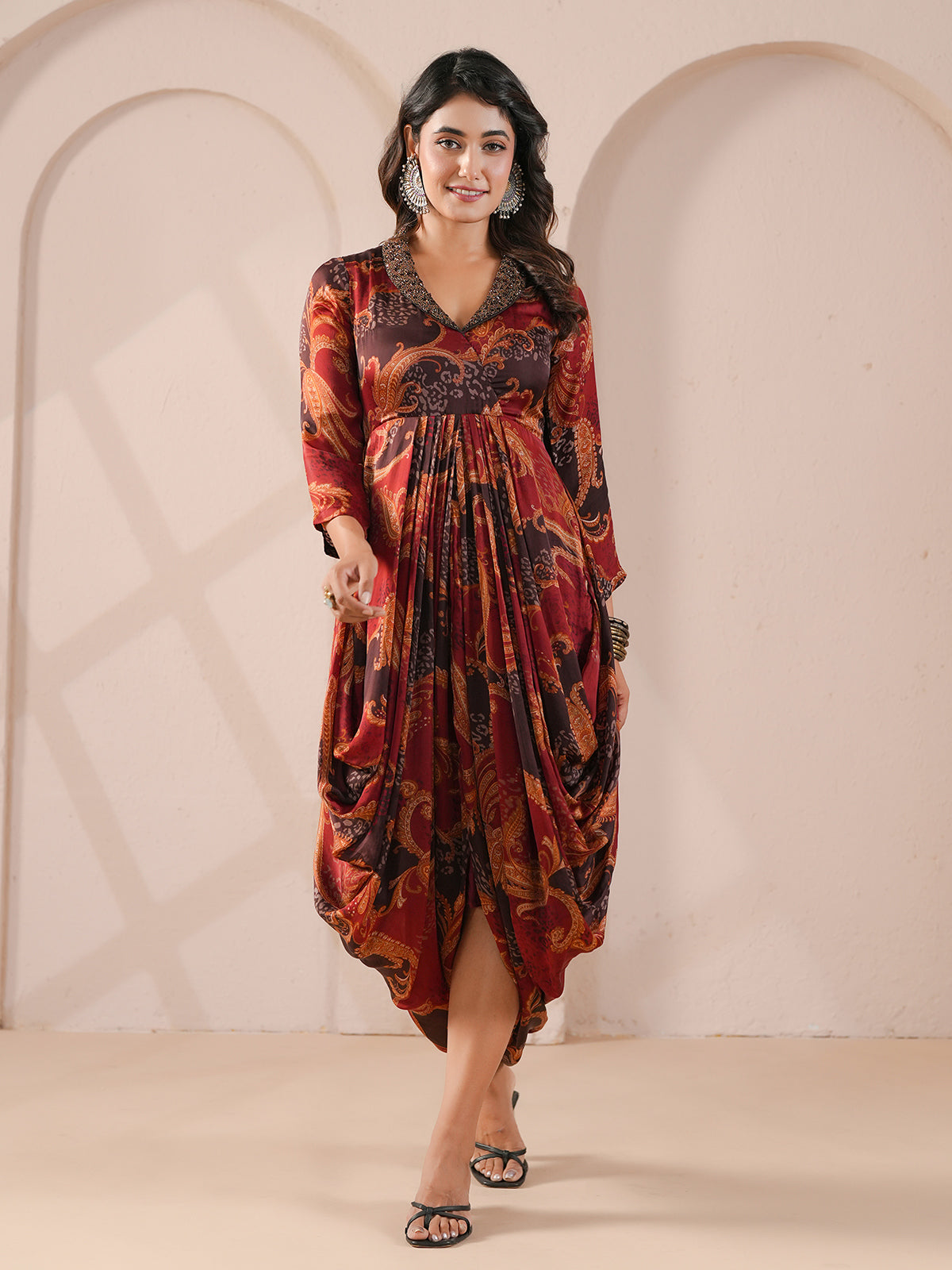 Maroon embellished printed cowl dress indowestern suit