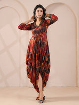 Maroon embellished printed cowl dress indowestern suit