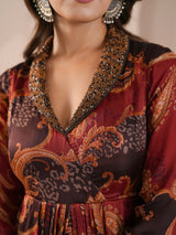 Maroon embellished printed cowl dress indowestern suit
