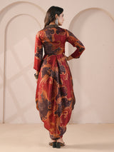 Maroon embellished printed cowl dress indowestern suit