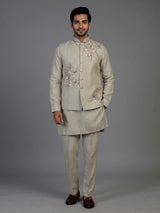 Beige cotton linen mens waistcoat set with elegant floral embroidery