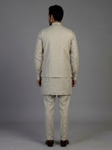 Beige cotton linen mens waistcoat set with elegant floral embroidery
