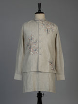 Beige cotton linen mens waistcoat set with elegant floral embroidery