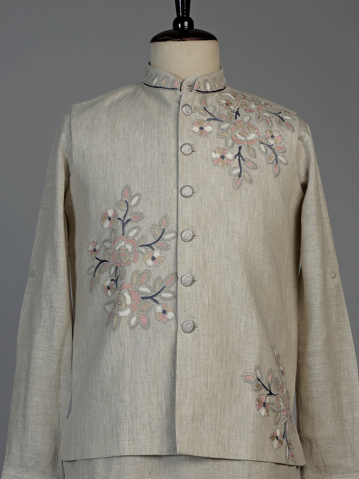 Beige cotton linen mens waistcoat set with elegant floral embroidery