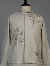 Beige cotton linen mens waistcoat set with elegant floral embroidery