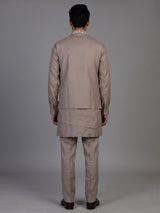 Beige cotton linen mens waistcoat set with floral threadwork