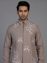 Beige cotton linen mens waistcoat set with floral threadwork