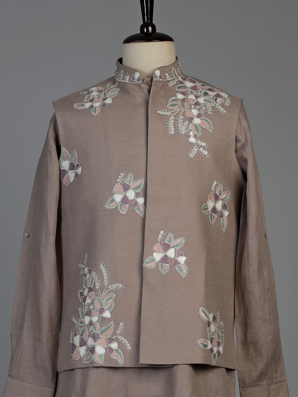 Beige cotton linen mens waistcoat set with floral threadwork