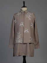 Beige cotton linen mens waistcoat set with floral threadwork