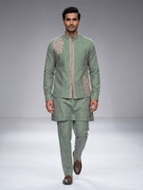 Pista green cotton linen mens waistcoat set with floral detailing