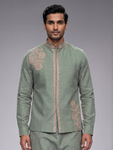 Pista green cotton linen mens waistcoat set with floral detailing