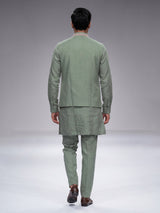 Pista green cotton linen mens waistcoat set with floral detailing