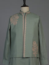 Pista green cotton linen mens waistcoat set with floral detailing
