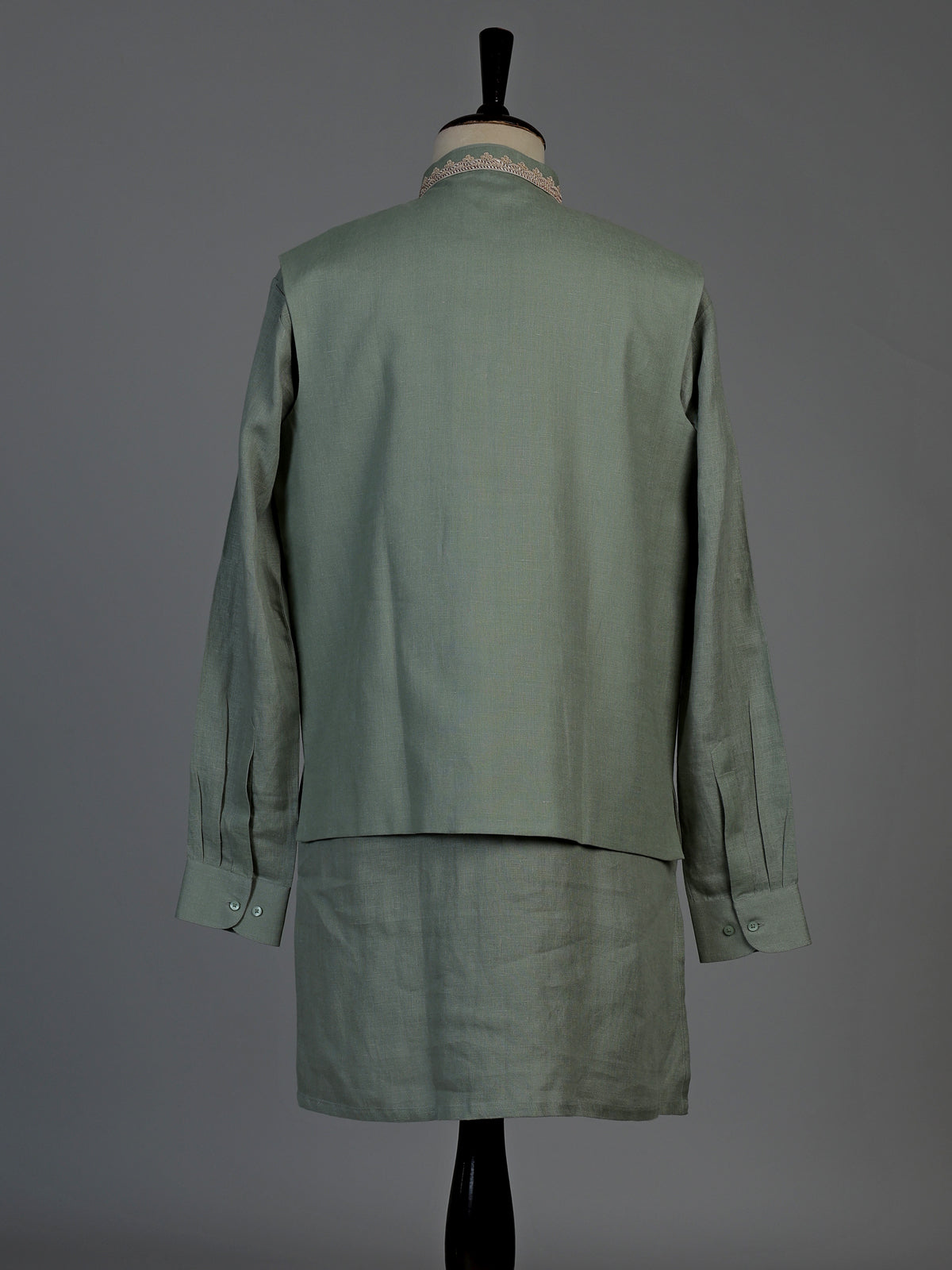 Pista green cotton linen mens waistcoat set with floral detailing