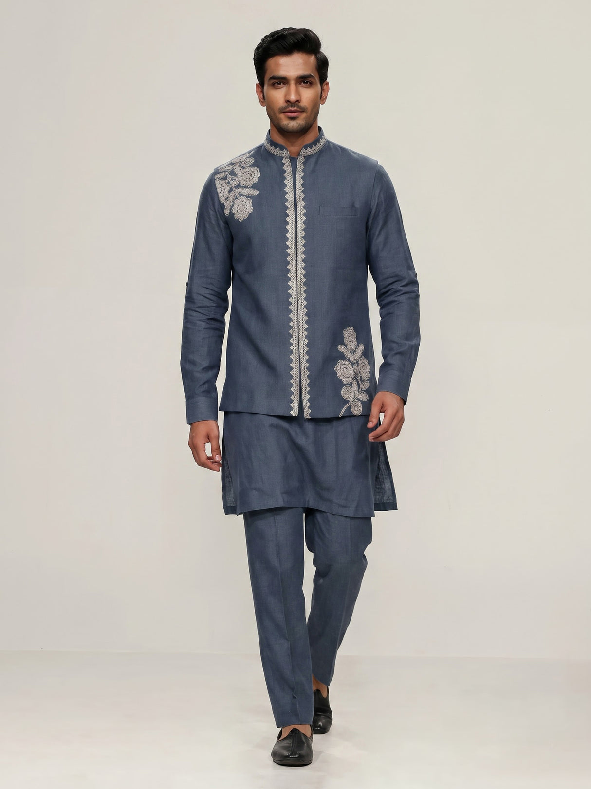 Dark grey cotton linen mens waistcoat set with floral threadwork