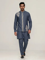 Dark grey cotton linen mens waistcoat set with floral threadwork