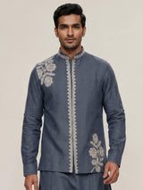 Dark grey cotton linen mens waistcoat set with floral threadwork