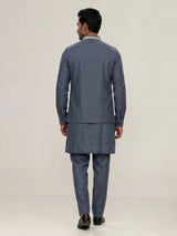 Dark grey cotton linen mens waistcoat set with floral threadwork