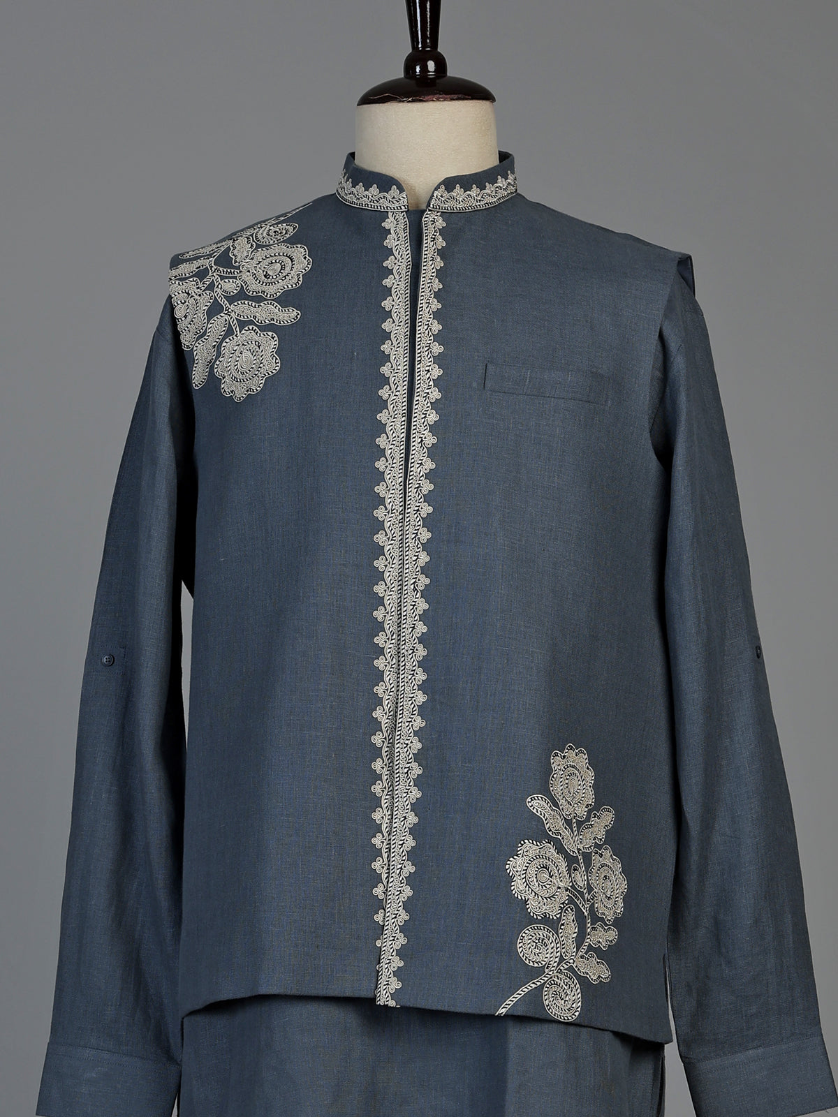 Dark grey cotton linen mens waistcoat set with floral threadwork