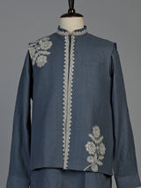 Dark grey cotton linen mens waistcoat set with floral threadwork