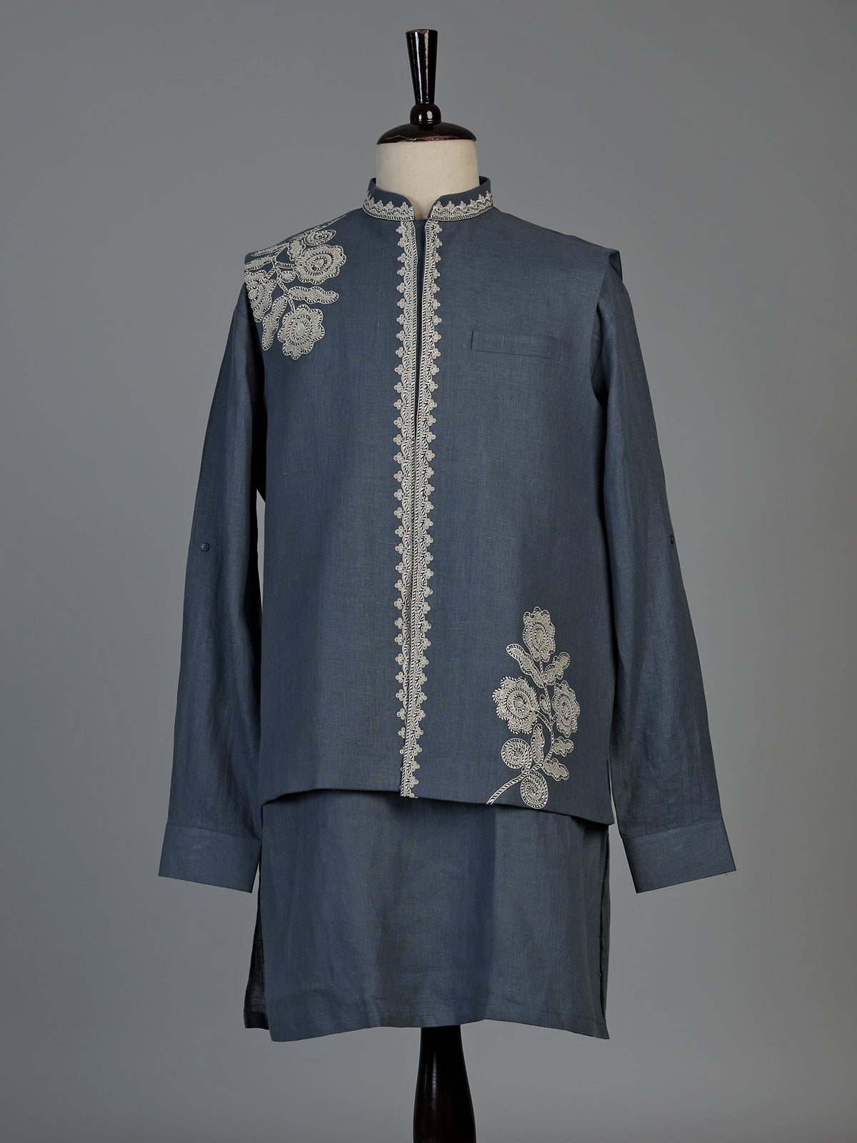 Dark grey cotton linen mens waistcoat set with floral threadwork