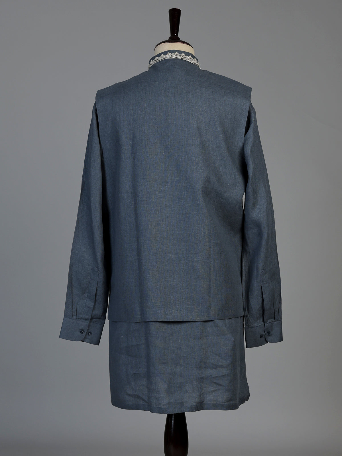 Dark grey cotton linen mens waistcoat set with floral threadwork