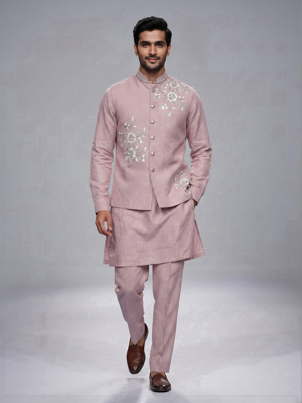 Pink cotton linen mens waistcoat set with floral threadwork