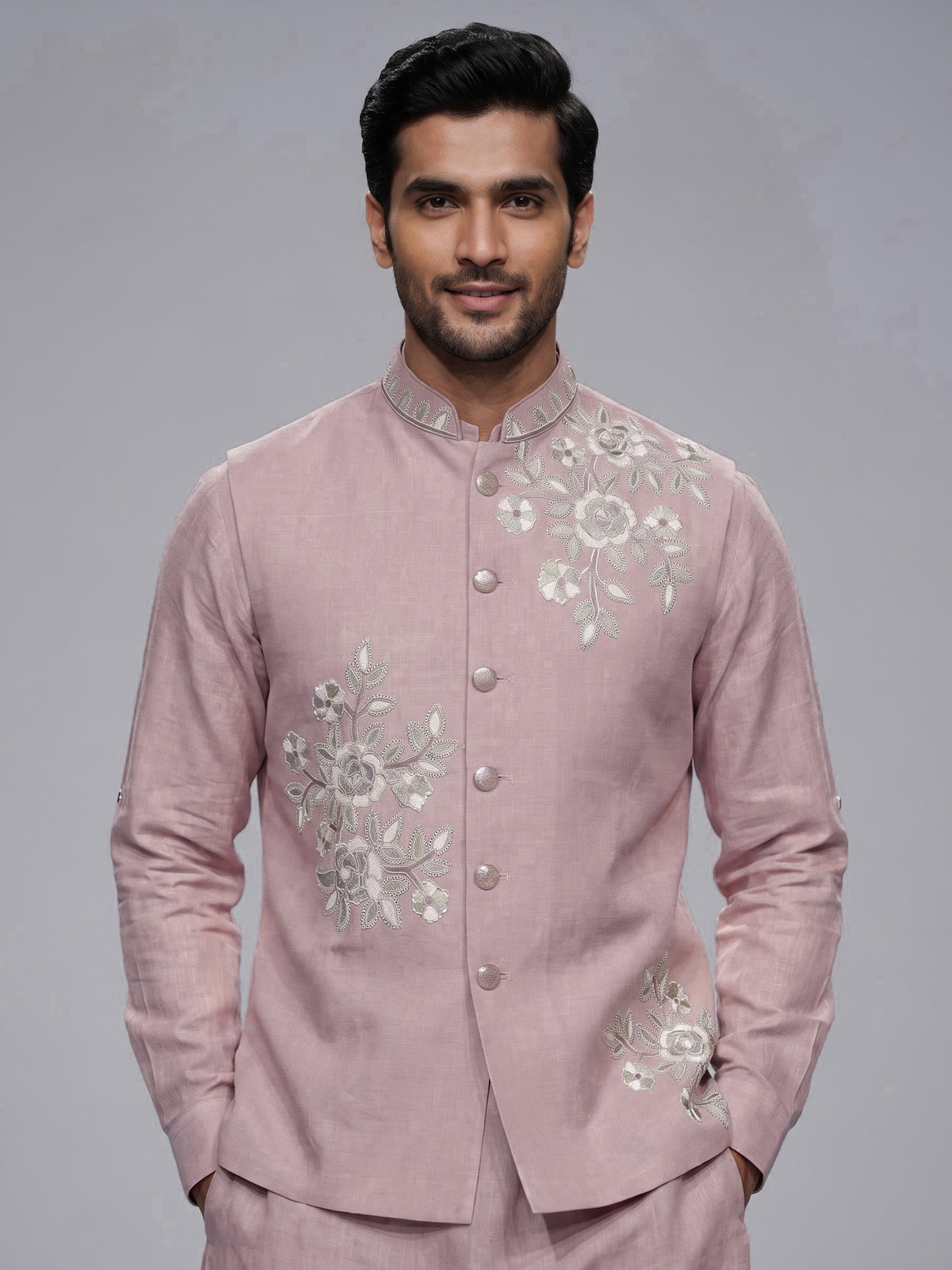 Pink cotton linen mens waistcoat set with floral threadwork