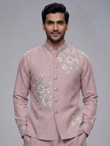 Pink cotton linen mens waistcoat set with floral threadwork
