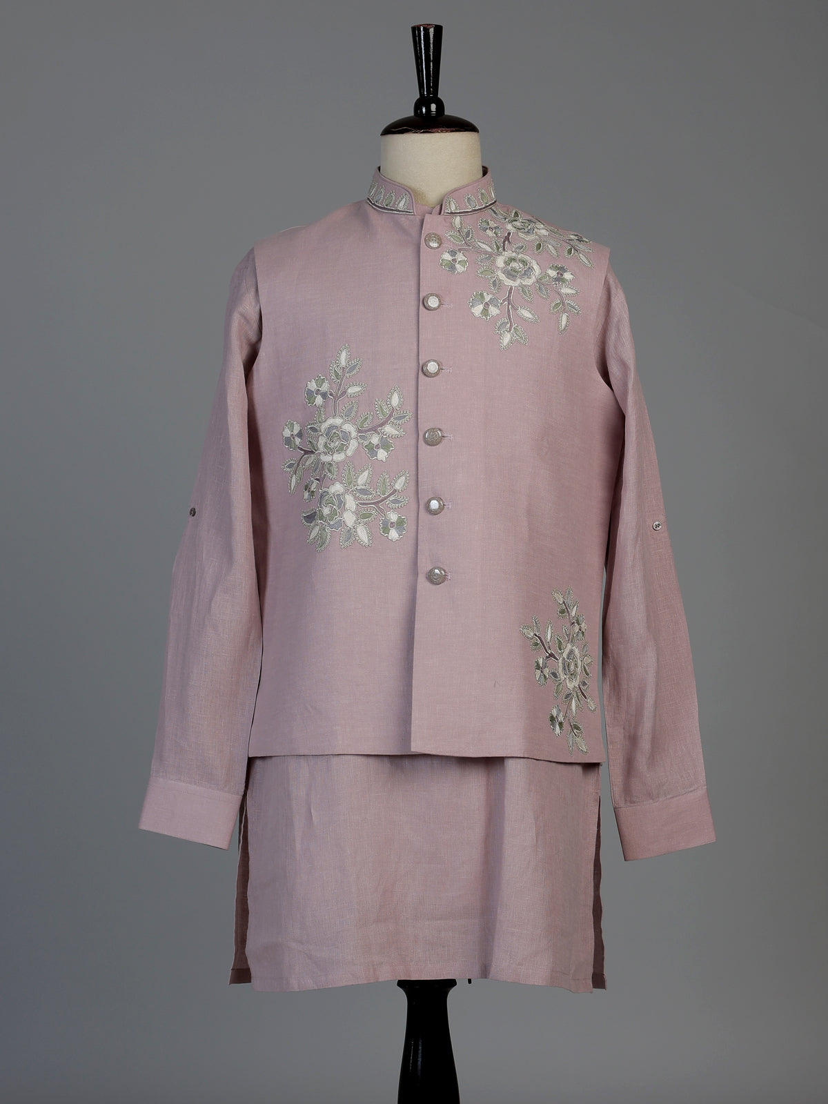 Pink cotton linen mens waistcoat set with floral threadwork