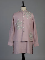 Pink cotton linen mens waistcoat set with floral threadwork