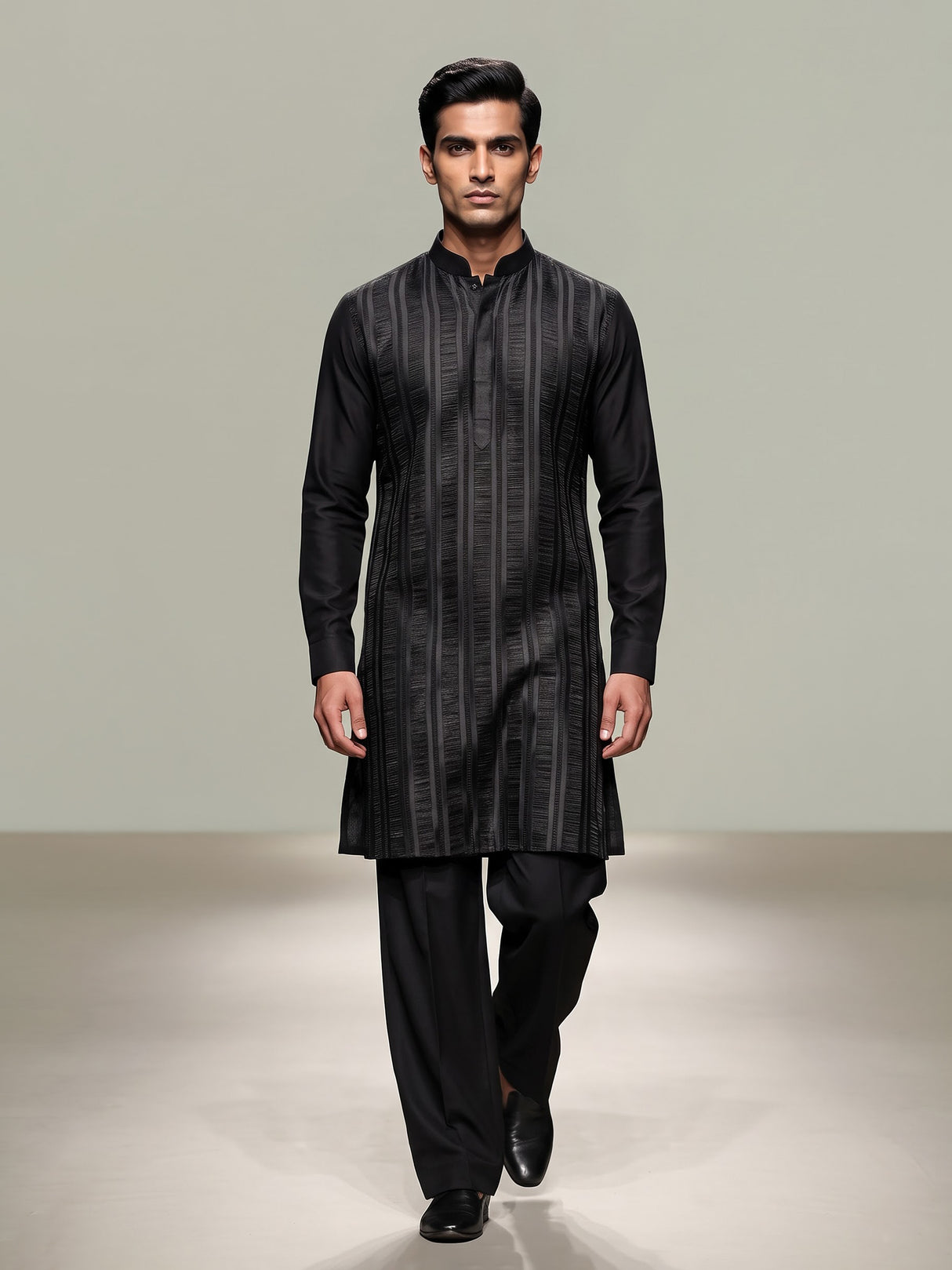 Black silk blend mens kurta suit with elegant thread detailing