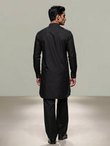 Black silk blend mens kurta suit with elegant thread detailing