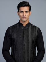 Black silk blend mens kurta suit with elegant thread detailing