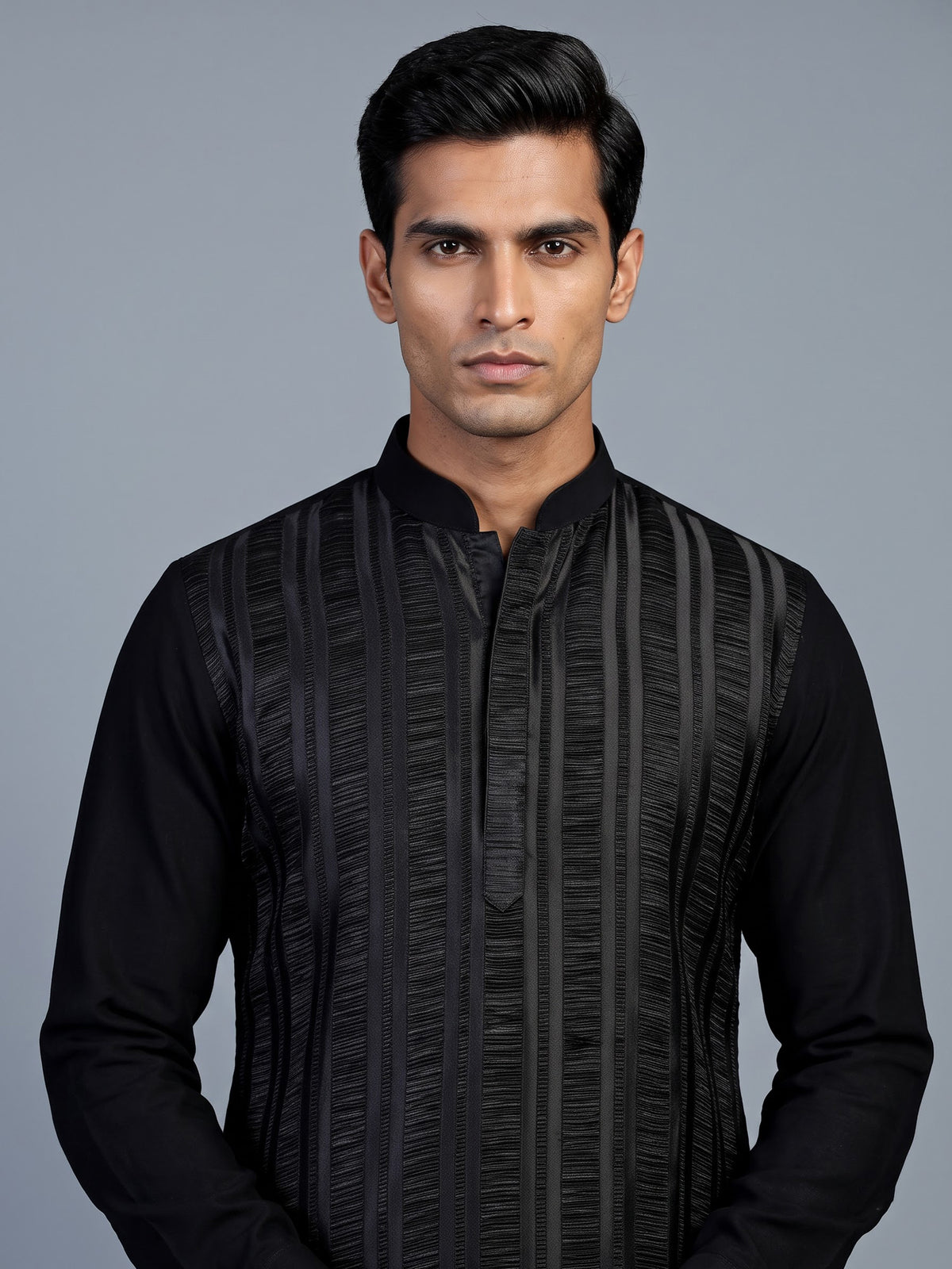 Black silk blend mens kurta suit with elegant thread detailing