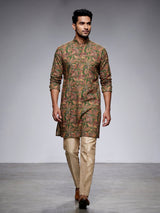 Green silk mens kurta suit with stylish printed detailing