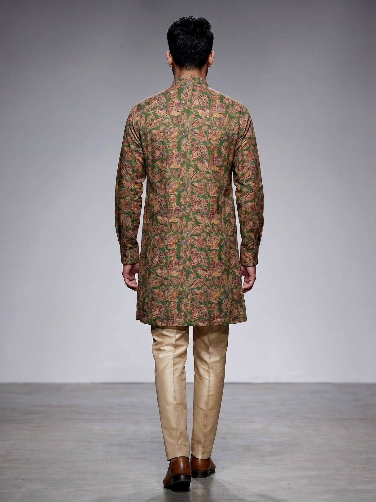 Green silk mens kurta suit with stylish printed detailing
