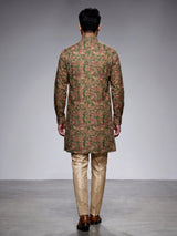 Green silk mens kurta suit with stylish printed detailing