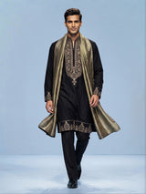 Black silk blend mens kurta suit with refined embroidery