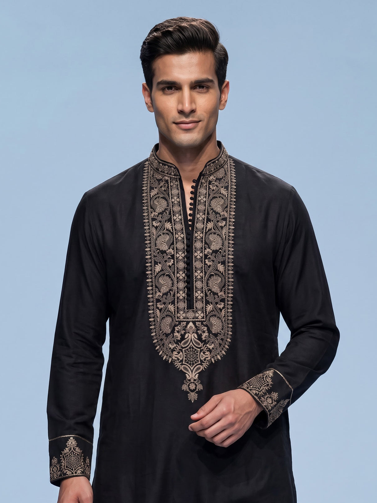 Black silk blend mens kurta suit with refined embroidery