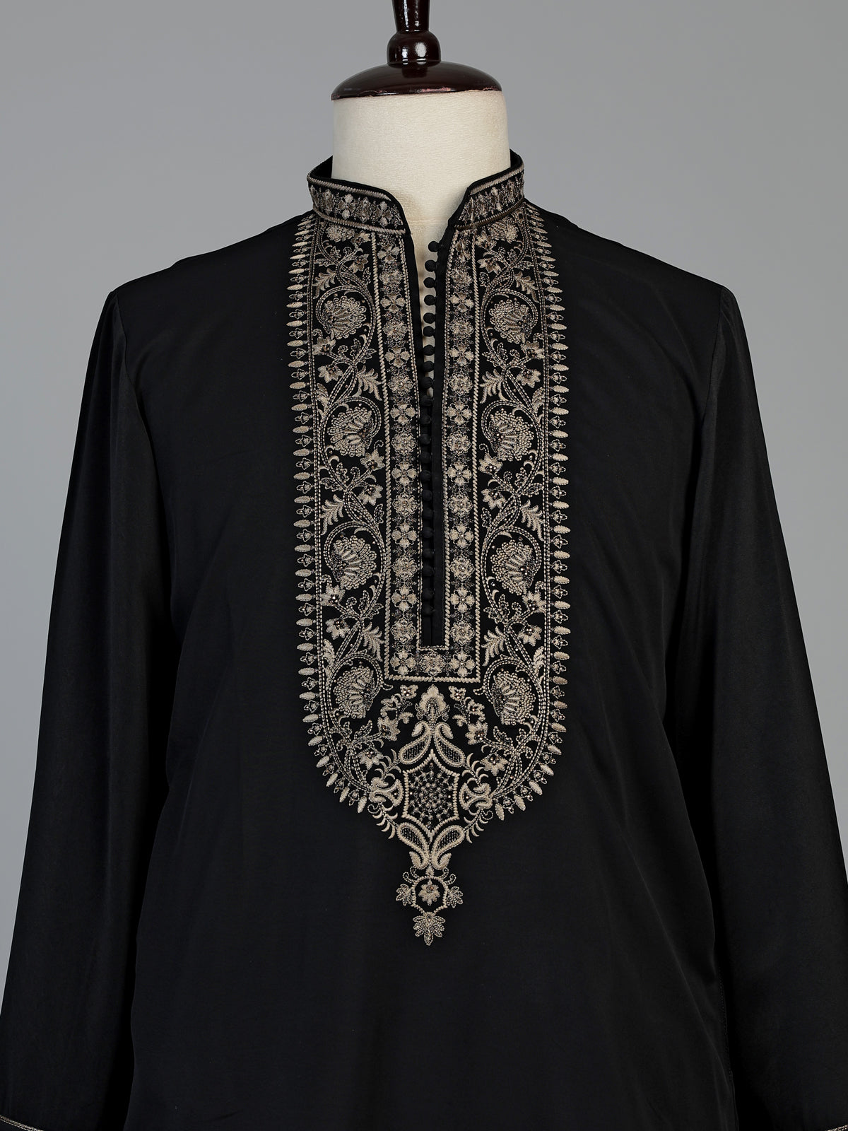 Black silk blend mens kurta suit with refined embroidery