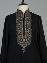 Black silk blend mens kurta suit with refined embroidery